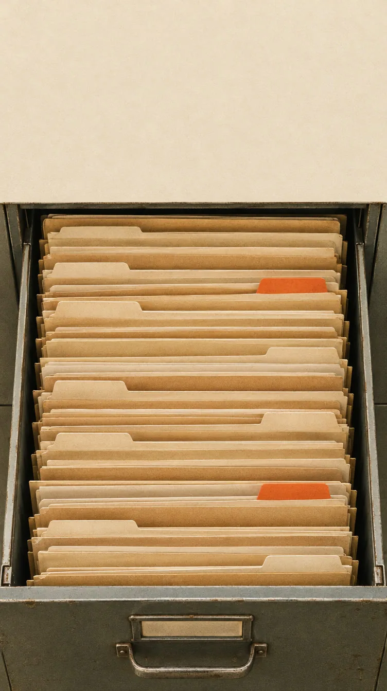 Un cassetto d'archivio pieno di cartelline color carta